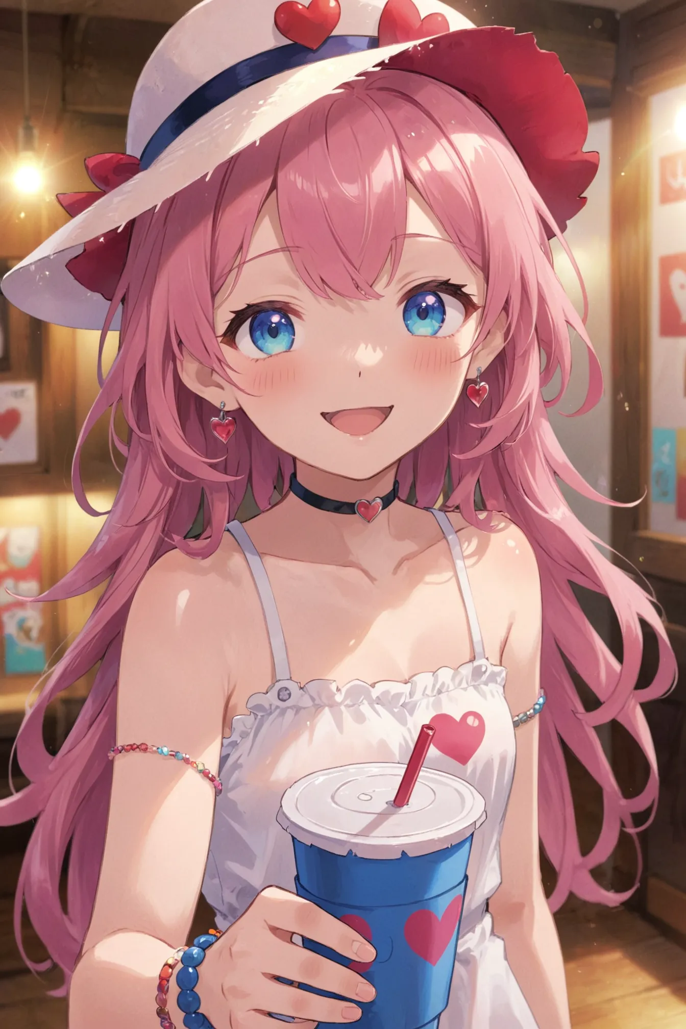 02094-239787769-anime, 1girl, solo, indoors, blue eyes, bracelet, buttons, cup, disposable cup, drinking straw, earrings, floati.webp